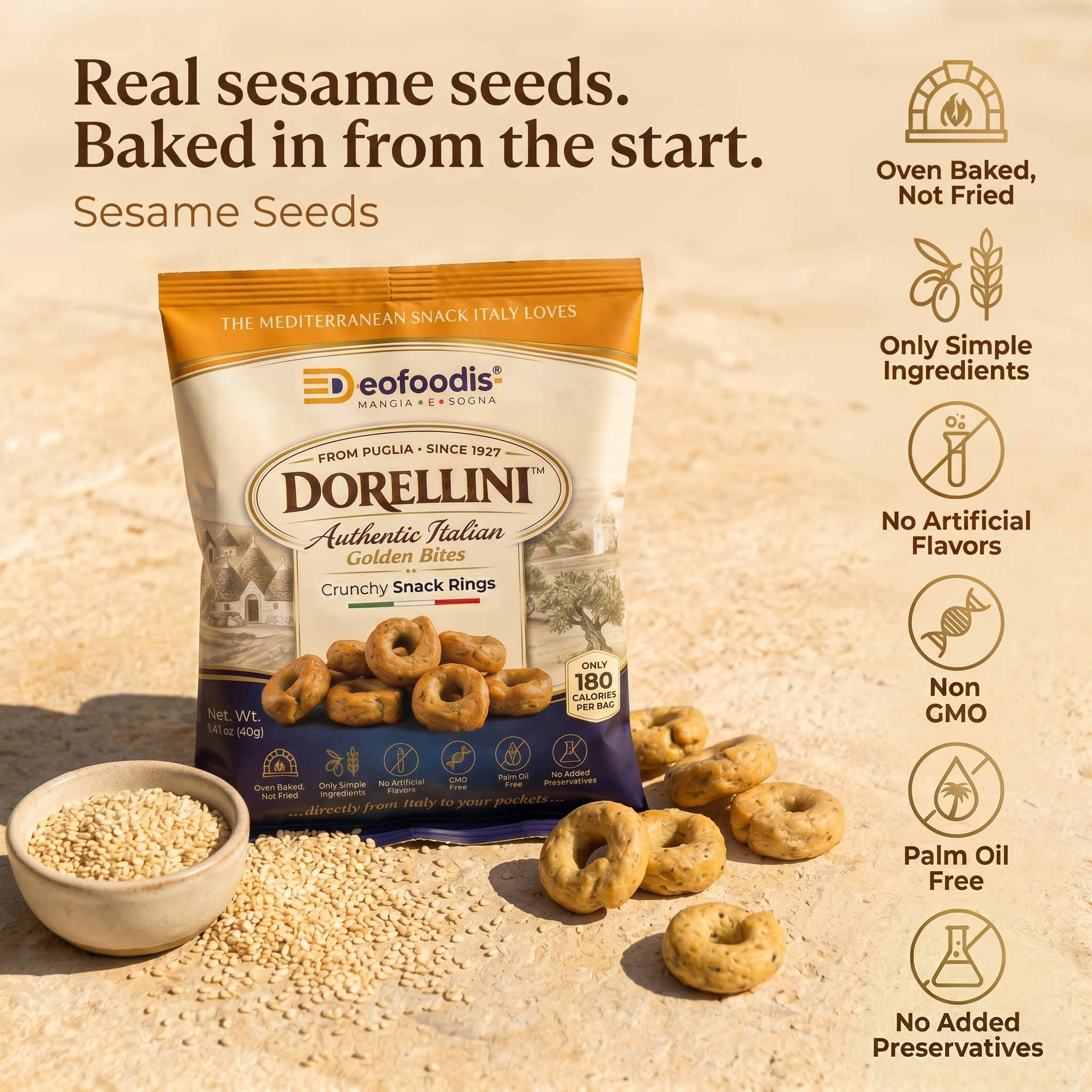 Dorellini Italian Tarallini – Sesame Seeds | 36 Snack Bags
