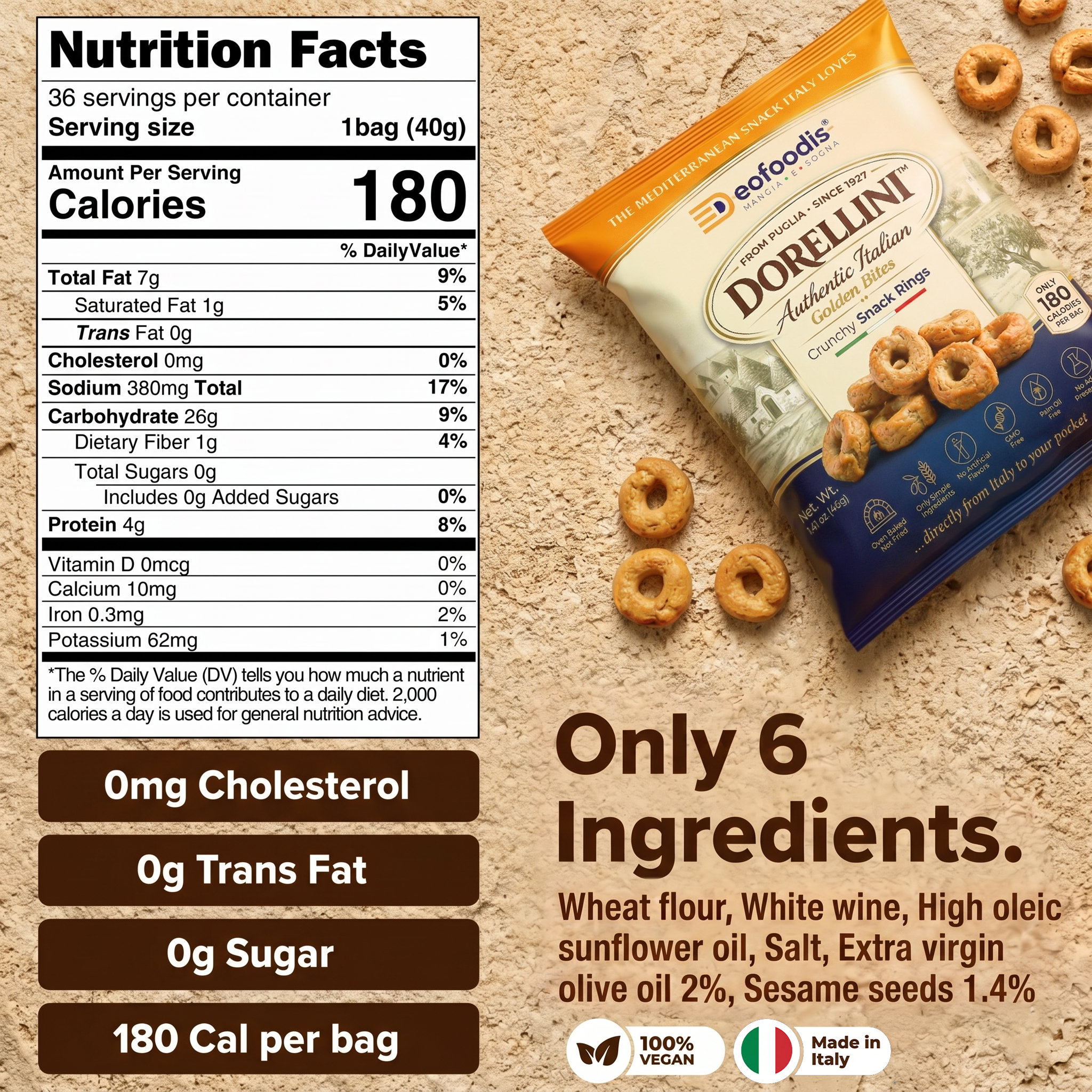 Dorellini Italian Tarallini – Sesame Seeds | 36 Snack Bags
