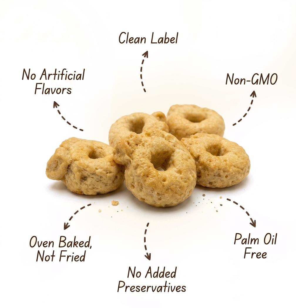 What's inside Dorellini — Clean Label, No Artificial Flavors, Non-GMO, Oven Baked, Not Fried, No Added Preservatives, Palm Oil Free